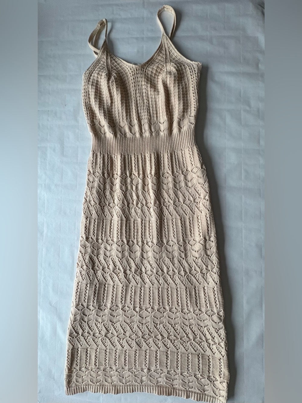Crochet Midi Slip Dress in Beige — Lightweight Knit Sundress